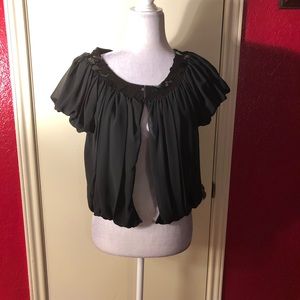 Loft Short Sleeve Cropped Pleated Cardigan with Sequins Neckline